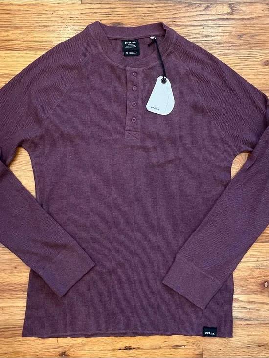 Prana Men’s Long-Sleeve Cotton Waffle Knit Maroon Plum Cotton Blend Henley M NWT - Picture 1 of 7
